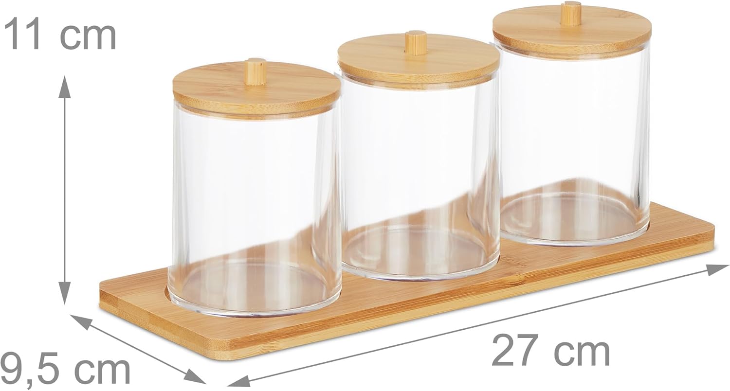 Relaxdays Σετ με 3 Πλαστικά Δοχεία Αποθήκευσης για το Μπάνιο με Δίσκο και Καπάκια από Μπαμπού - Διάφανα / Light Brown - 4052025479114