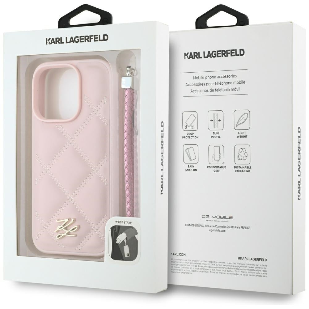 Karl Lagerfeld iPhone 16 Pro - Quilted Initial Logo and Chain Strap - Θήκη με Επένδυση Συνθετικού Δέρματος και Λουράκι - Pink - KLHCP16LPSQSKLSMSP