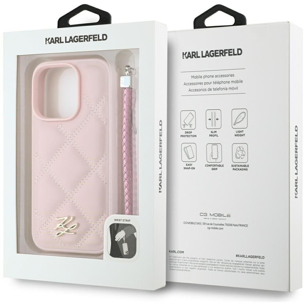 Karl Lagerfeld iPhone 16 Pro - Quilted Initial Logo and Chain Strap - Θήκη με Επένδυση Συνθετικού Δέρματος και Λουράκι - Pink - KLHCP16LPSQSKLSMSP