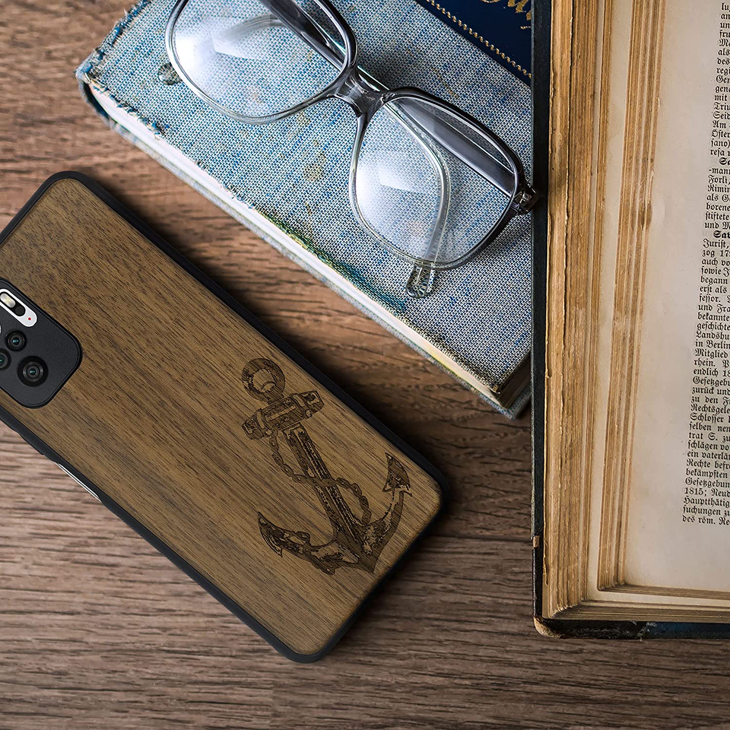 KW Xiaomi Redmi Note 10 / Note 10s / Poco M5s Θήκη από Φυσικό Ξύλο - Design Anchor Vintage - Dark Brown - 54548.03