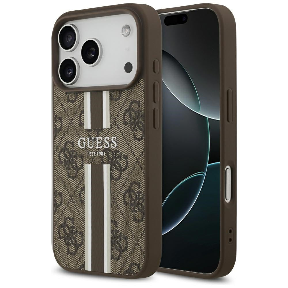 Guess iPhone 17 Pro - 4G Printed Stripes MagSafe - Θήκη με Επένδυση Συνθετικού Δέρματος - Brown - GUHMP17LP4RPSW