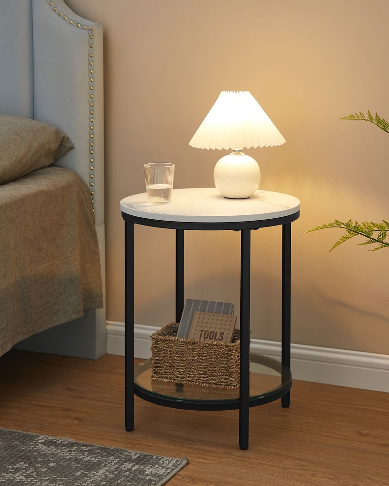 Vasagle Στρόγγυλο Βοηθητικό Τραπέζι 2 Επιπέδων - Marble White / Black - LET285B13