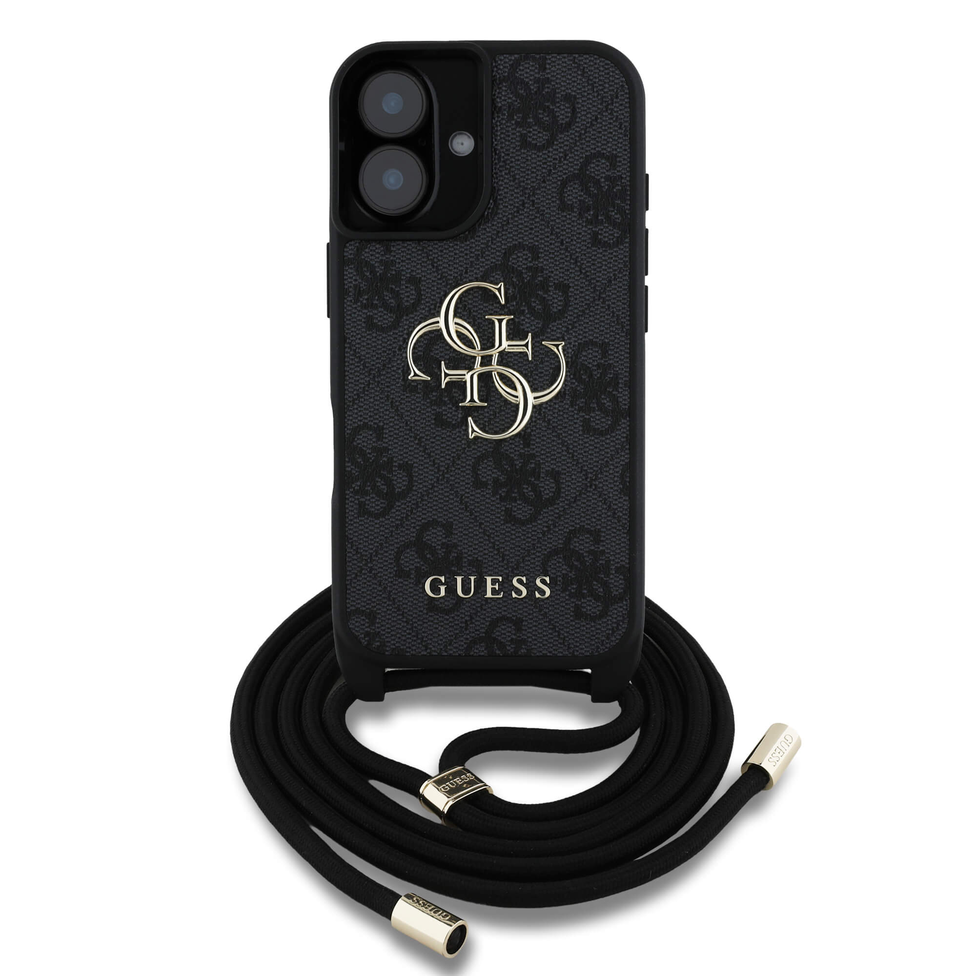 Guess iPhone 16 - 4G Big Logo Cord Stap Crossbody - Θήκη με Επένδυση Συνθετικού Δέρματος και Λουράκι - Black - GUHCP16SP4GMGCRK