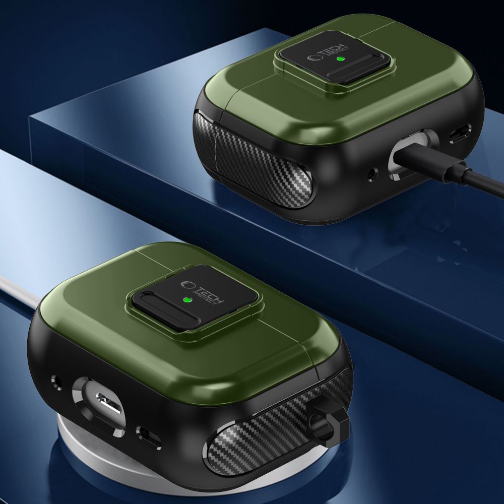 Tech-Protect AirPods Pro 1 / 2 Θήκη από Σκληρό Πλαστικό και Σιλικόνη με MagSafe - Defender Hook - Olive Green