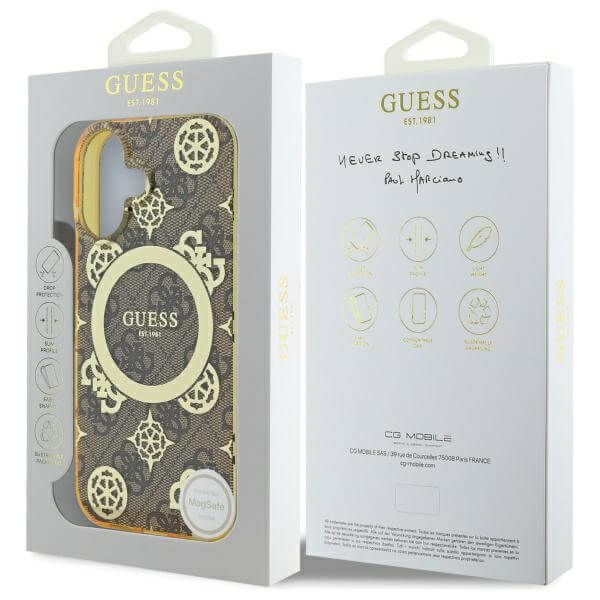 Guess iPhone 16 - IML Peony On 4G Background MagSafe - Θήκη με Επένδυση Συνθετικού Δέρματος - Brown - GUHMP16SH4PYEEW