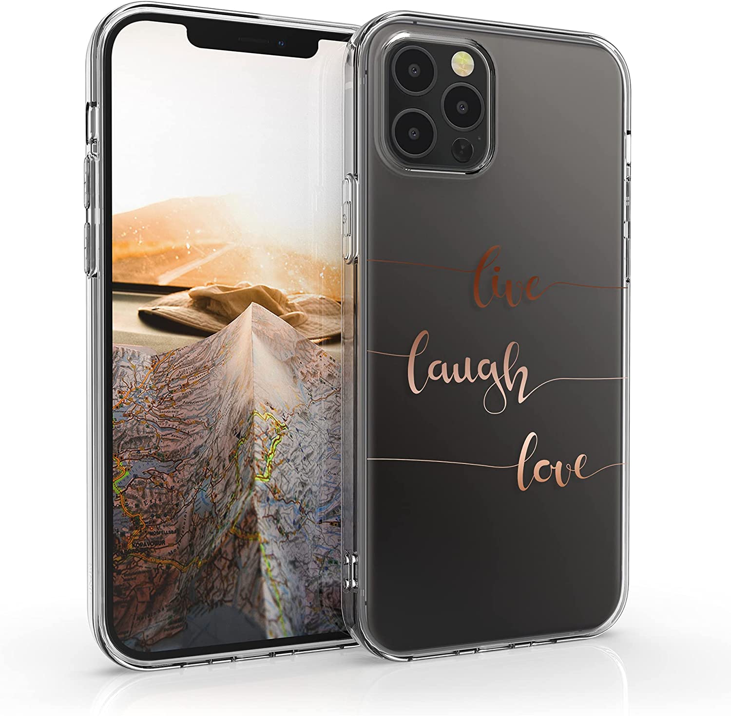 KW iPhone 12 Pro Max Θήκη Σιλικόνης TPU Design Live Laugh Love - Rose Gold / Διάφανη - 53037.09
