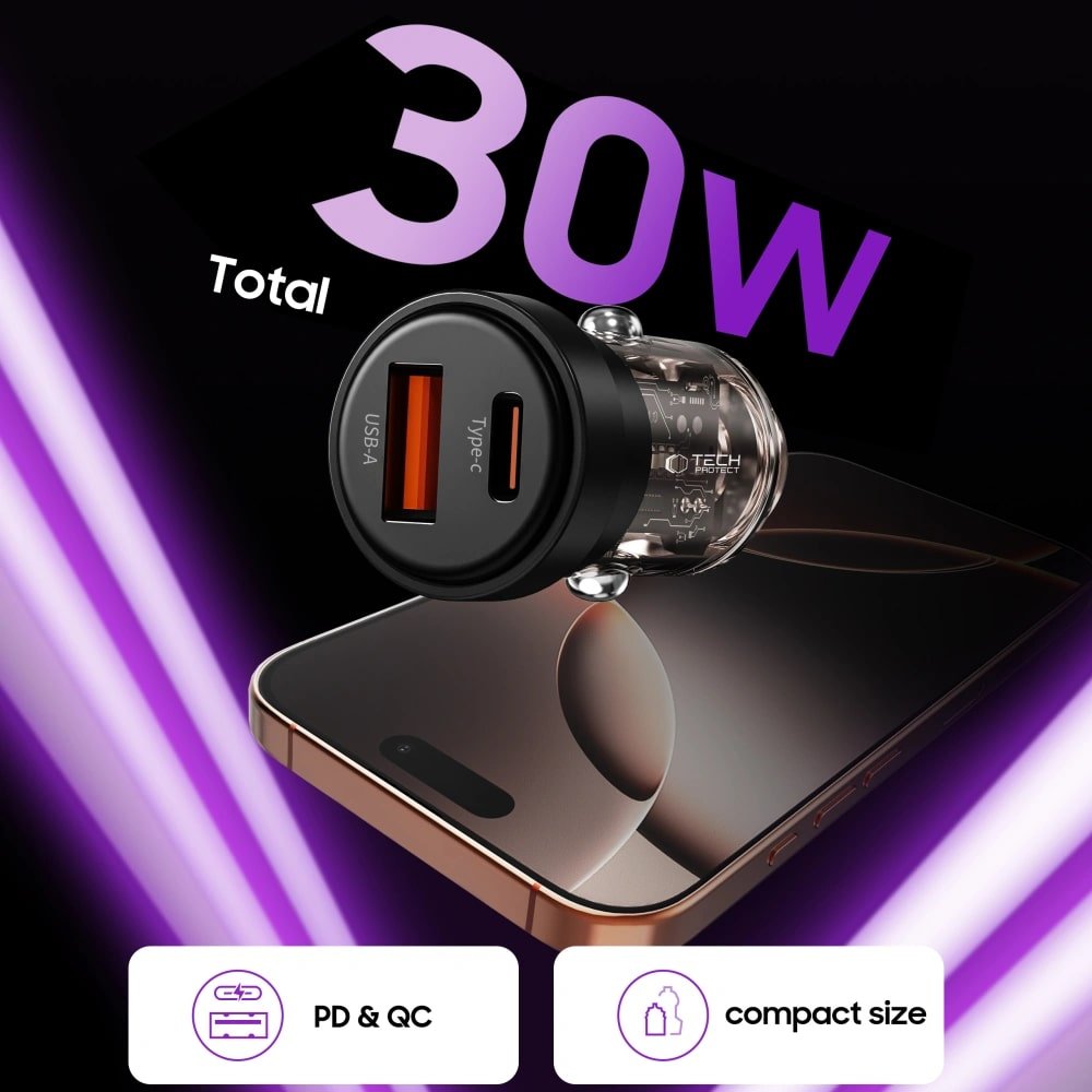 Tech - Protect CC03 PD30W Φορτιστής Αυτοκινήτου Γρήγορης Φόρτισης με 1 Θύρα Type - C και 1 Θύρα USB - Black