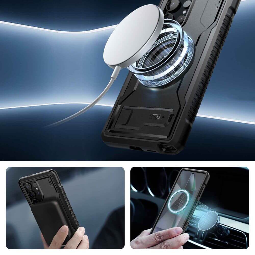 Tech-Protect Samsung Galaxy S24 Ultra Kevlar MagSafe+ Σκληρή Θήκη με Προστασία για την Οθόνη και Stand - Black