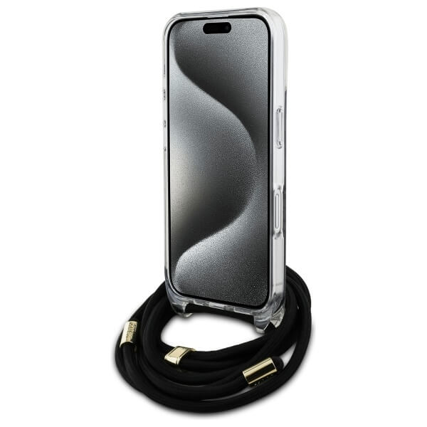 Guess iPhone 16 - Crossbody Cord 4G Print - Σκληρή Θήκη με Πλαίσιο Σιλικόνης και Λουράκι - Black - GUHCP16SHC4SEK