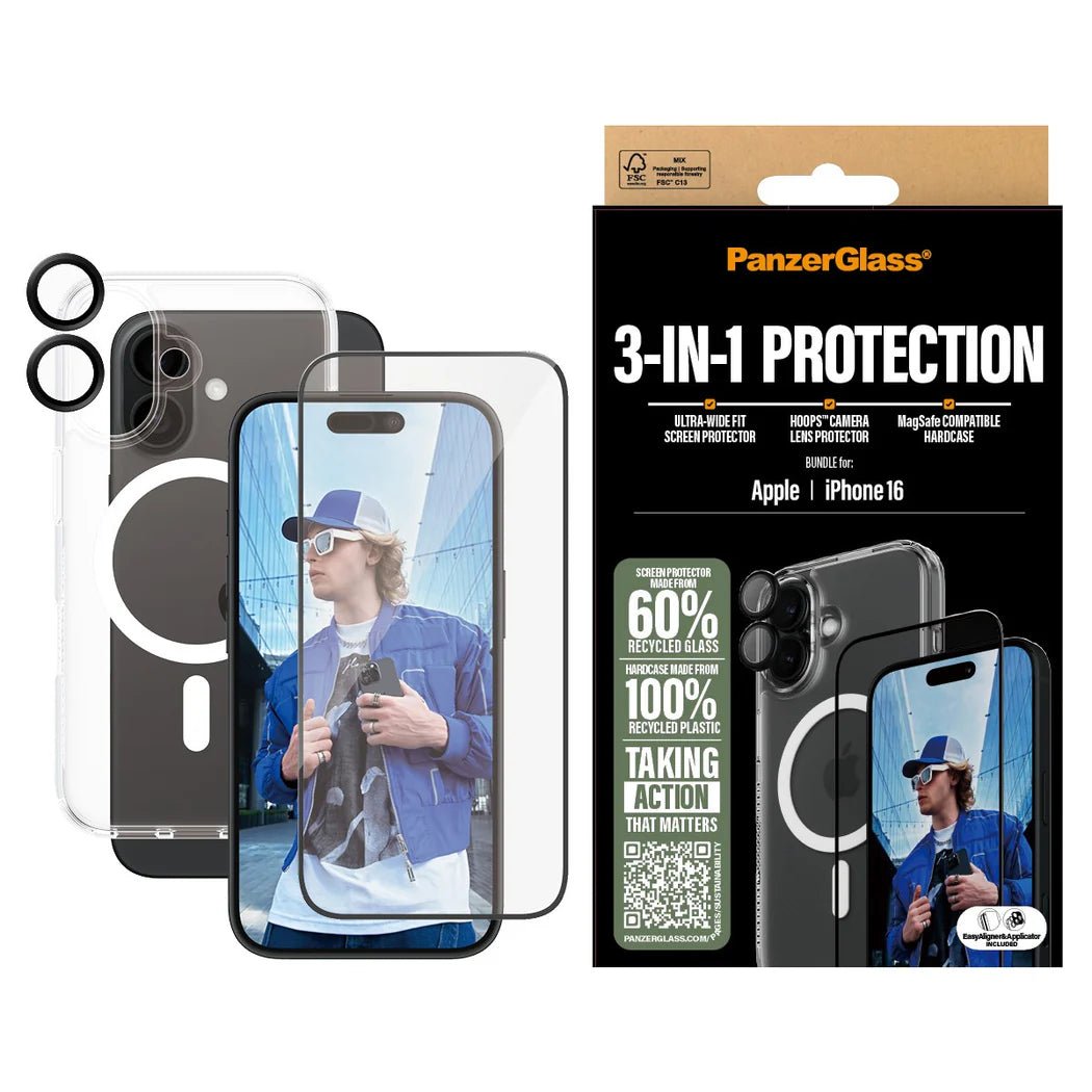 PanzerGlass iPhone 16 - Σετ με 1 Αντιχαρακτικό Γυαλί Οθόνης Ultra - Wide Fit, 1 Αντιχαρακτικό Γυαλί για την Κάμερα και 1 Σκληρή Θήκη με MagSafe - Διάφανο