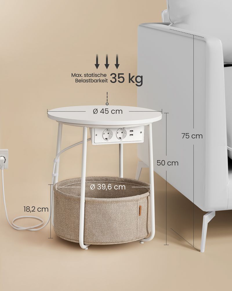 Vasagle Στρόγγυλο Βοηθητικό Τραπέζι με Υφασμάτινο Καλάθι Αποθήκευσης και Ενσωματωμένο Πολύπριζο - Matte White / Camel Brown - LET228W02