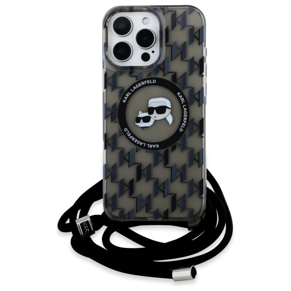 Karl Lagerfeld iPhone 16 Pro - IML Crossbody Monogram Karl and Choupette Head - MagSafe Σκληρή Θήκη με Πλαίσιο Σιλικόνης και Λουράκι - Black - KLHMP16LHCKCKLCK