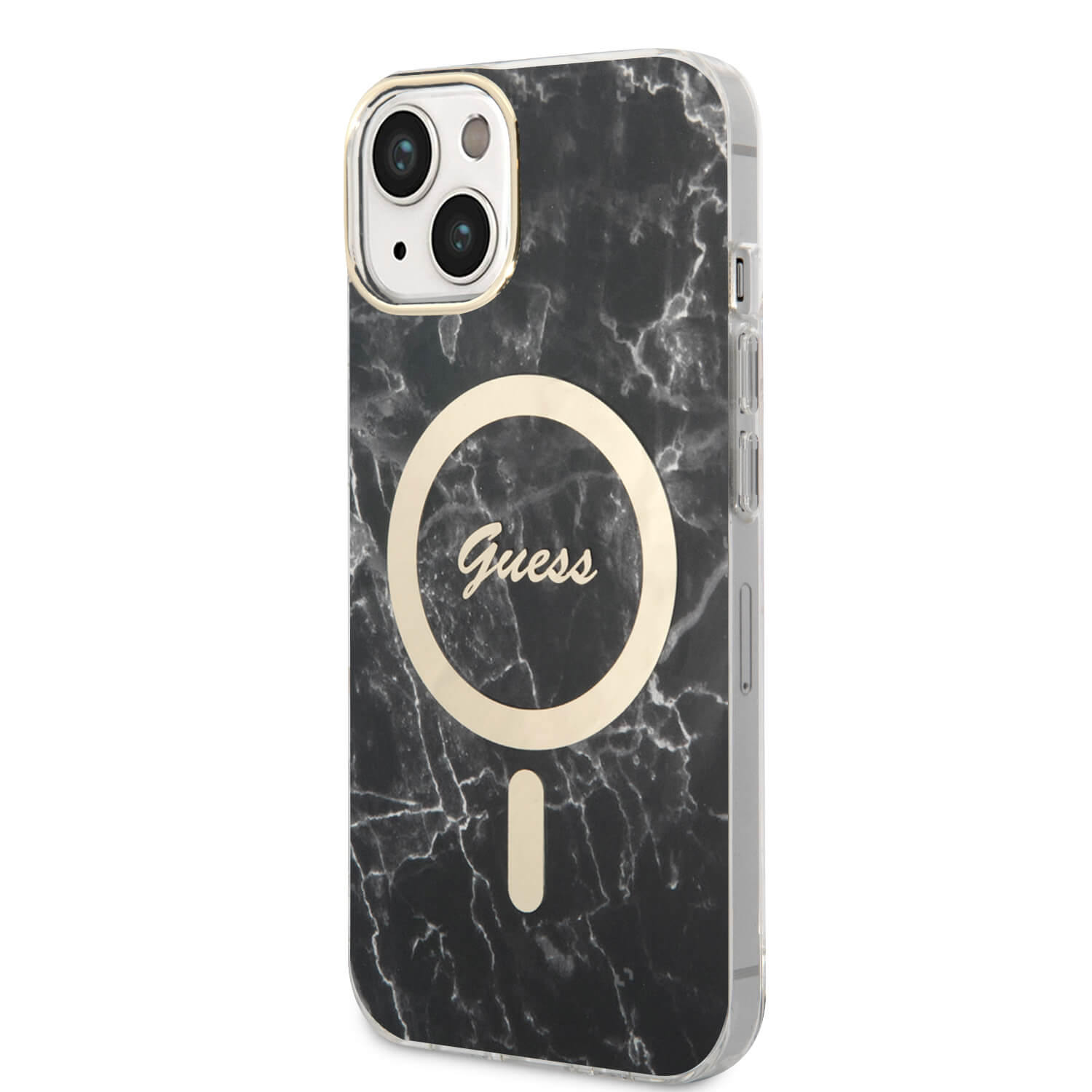 Guess iPhone 15 / 14 / 13 - Bundle Pack - Σετ Σκληρή Θήκη με Πλαίσιο Σιλικόνης και Ασύρματος Φορτιστής MagSafe - Design Marble MagSafe - Black - GUBPP14SHMEACSK