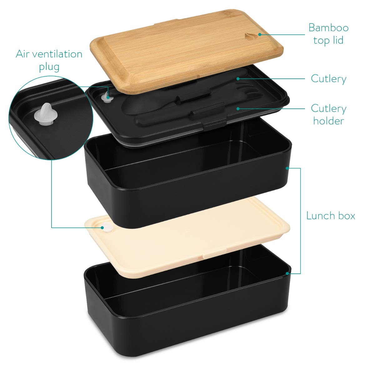 Navaris Bento Box Set Δύο Δοχεία Φαγητού με Μαχαιροπίρουνα και Καπάκι από Μπαμπού - 1.2L - Black - 47407.01.01