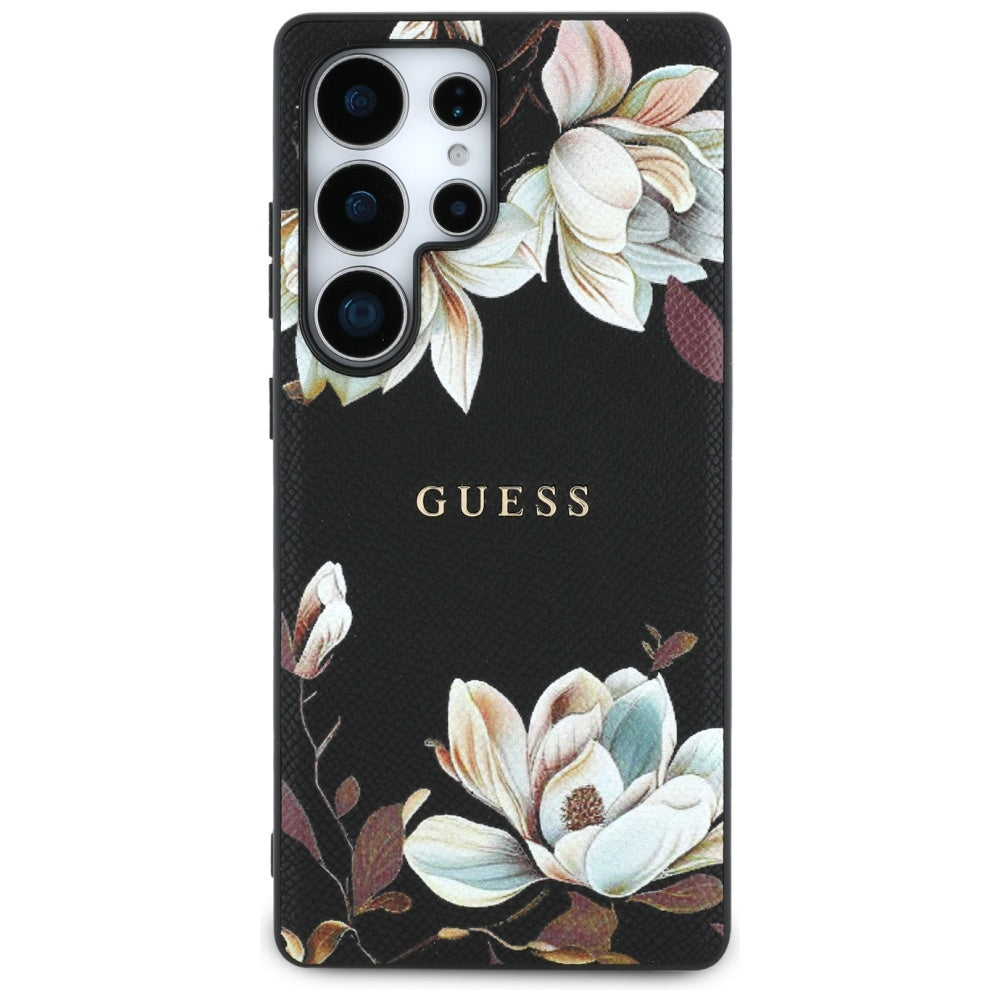 Guess Samsung Galaxy S25 Ultra - Grained Printed Flower Pattern - Θήκη με Επένδυση Συνθετικού Δέρματος και MagSafe - Black - GUHMS25LPGNMPLMK