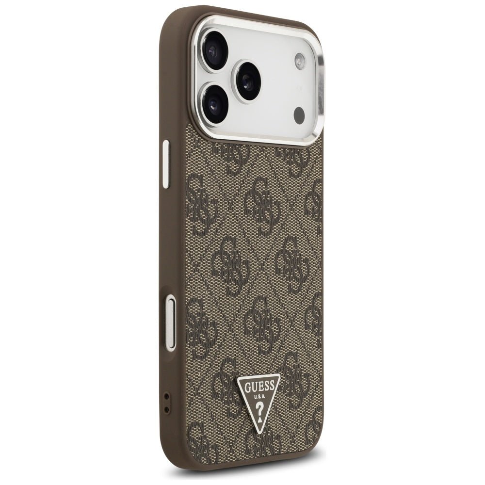 Guess iPhone 17 Pro Max - 4G Triangle Logo MagSafe - Σκληρή Θήκη με Πλαίσιο Σιλικόνης και Επένδυση Συνθετικού Δέρματος - Brown / Silver - GUHMP17XP4TSRCMW