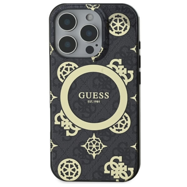 Guess iPhone 16 Pro Max - IML Peony On 4G Background MagSafe - Θήκη με Επένδυση Συνθετικού Δέρματος - Black - GUHMP16XH4PYEEK
