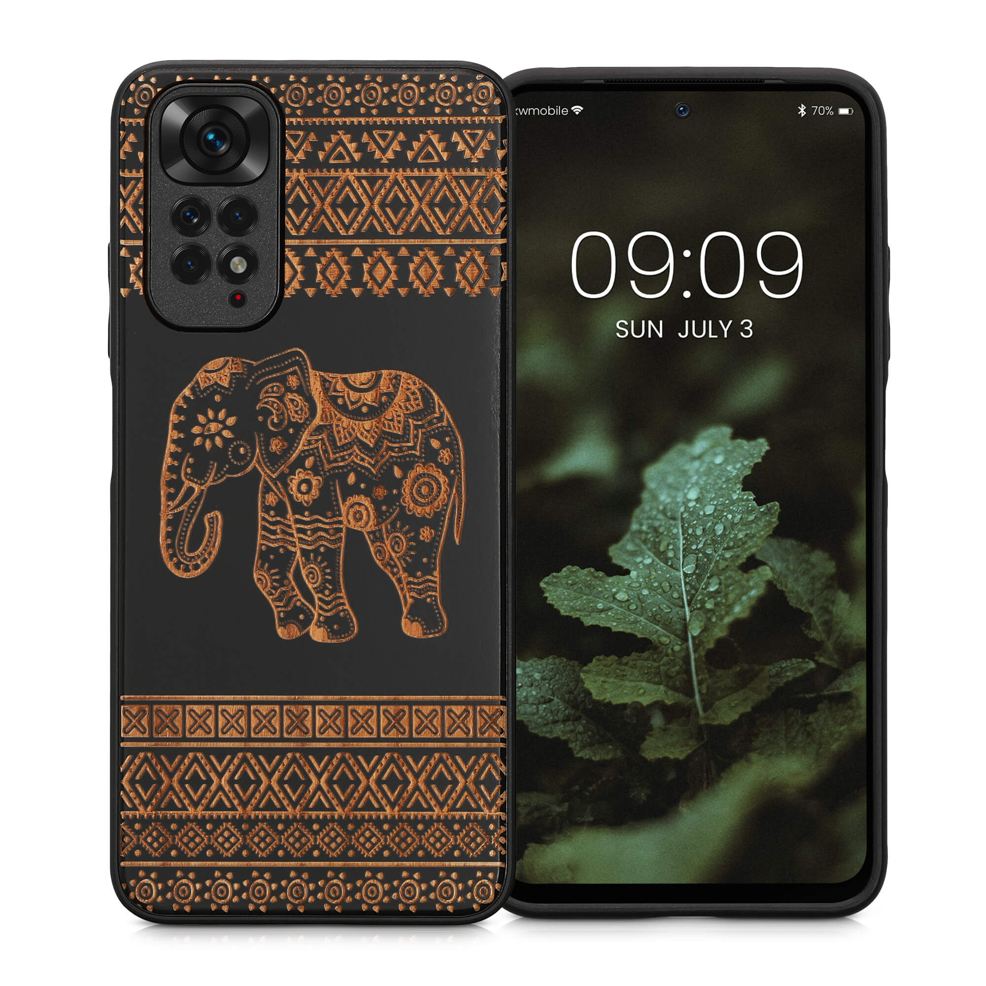 KW Xiaomi Redmi Note 11 / Redmi Note 11S Θήκη από Φυσικό Ξύλο - Design Wood Elephant with Pattern - Light Brown / Black - 57386.04
