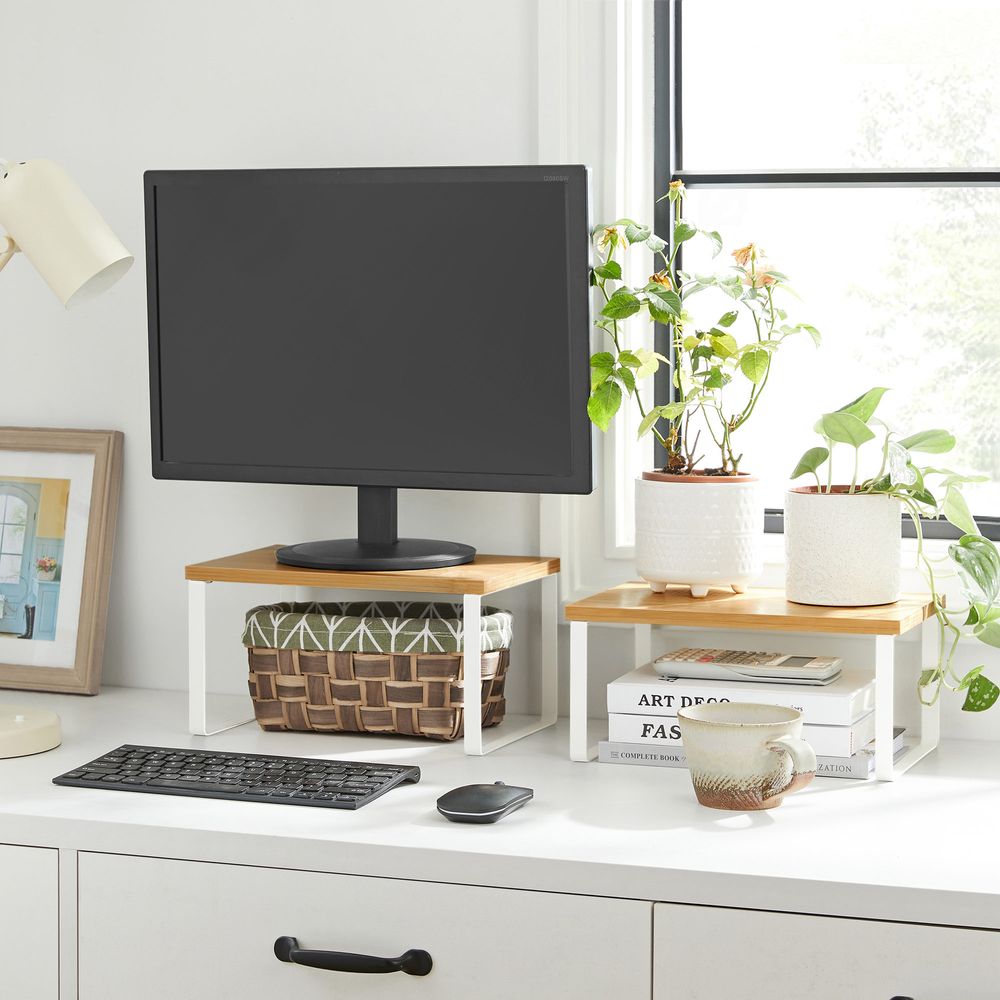 Songmics Σετ με 2 Ξύλινα Ράφια για τον Πάγκο - Natural / White - KCS02NW