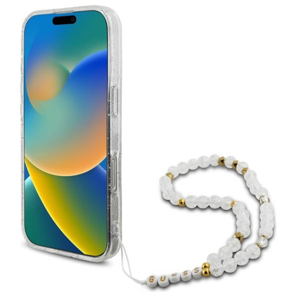 Guess iPhone 16 Pro - IML Glitter With Pearl Strap MagSafe - Σκληρή Θήκη με Πλαίσιο Σιλικόνης και Λουράκι - Διάφανη - GUHMP16LHGCRELST