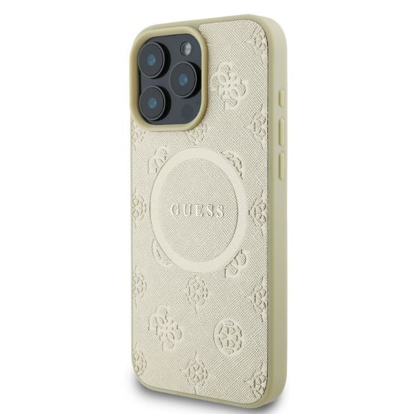 Guess iPhone 16 Pro Max - Saffiano Peony Classic Logo - MagSafe Σκληρή Θήκη με Πλαίσιο Σιλικόνης και Συνθετικό Δέρμα - Gold - GUHMP16XPSAPSMED