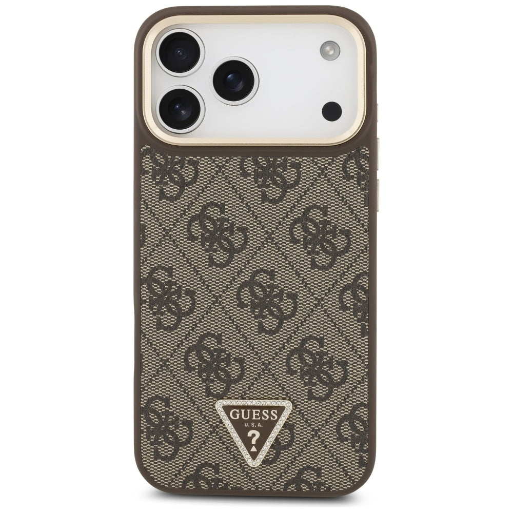 Guess iPhone 17 Pro Max - 4G Triangle Strass Logo MagSafe - Σκληρή Θήκη με Επένδυση Συνθετικού Δέρματος - Brown / Gold - GUHMP17XP4GTDGMW