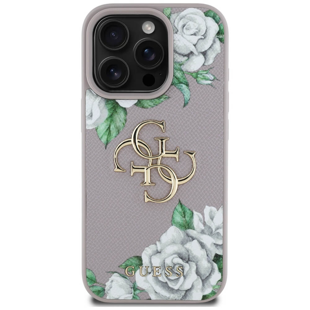 Guess iPhone 16 Pro Max - Grained Roses Big 4G Logo - Σκληρή Θήκη με Επένδυση από Οικολογικό Δέρμα - Purple - GUHCP16XPGROP4MU