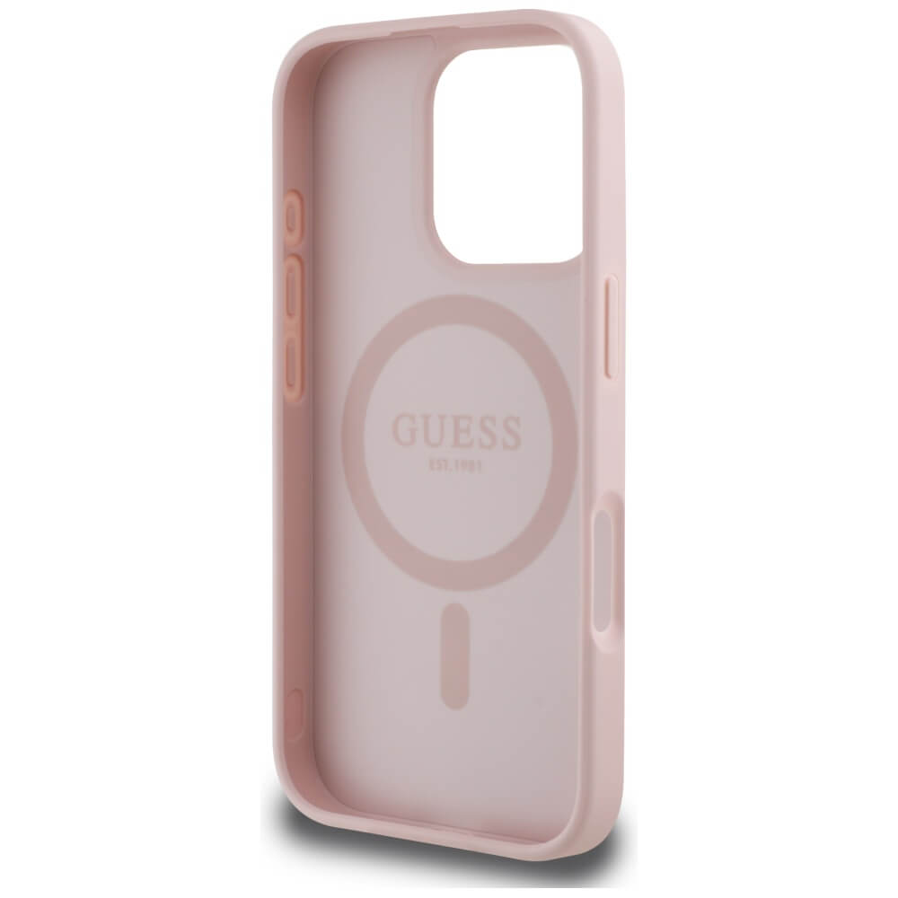 Guess iPhone 16 Pro - Grained Hot Stamp Peony Triangle Logo - MagSafe Σκληρή Θήκη με Επένδυση Συνθετικού Δέρματος - Pink - GUHMP16LPGBTMP