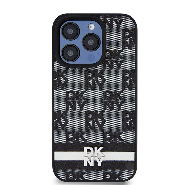 DKNY iPhone 15 Pro Max - Leather Checkered Mono Pattern and Printed Stripes - Σκληρή Θήκη με Επένδυση Συνθετικού Δέρματος - Black