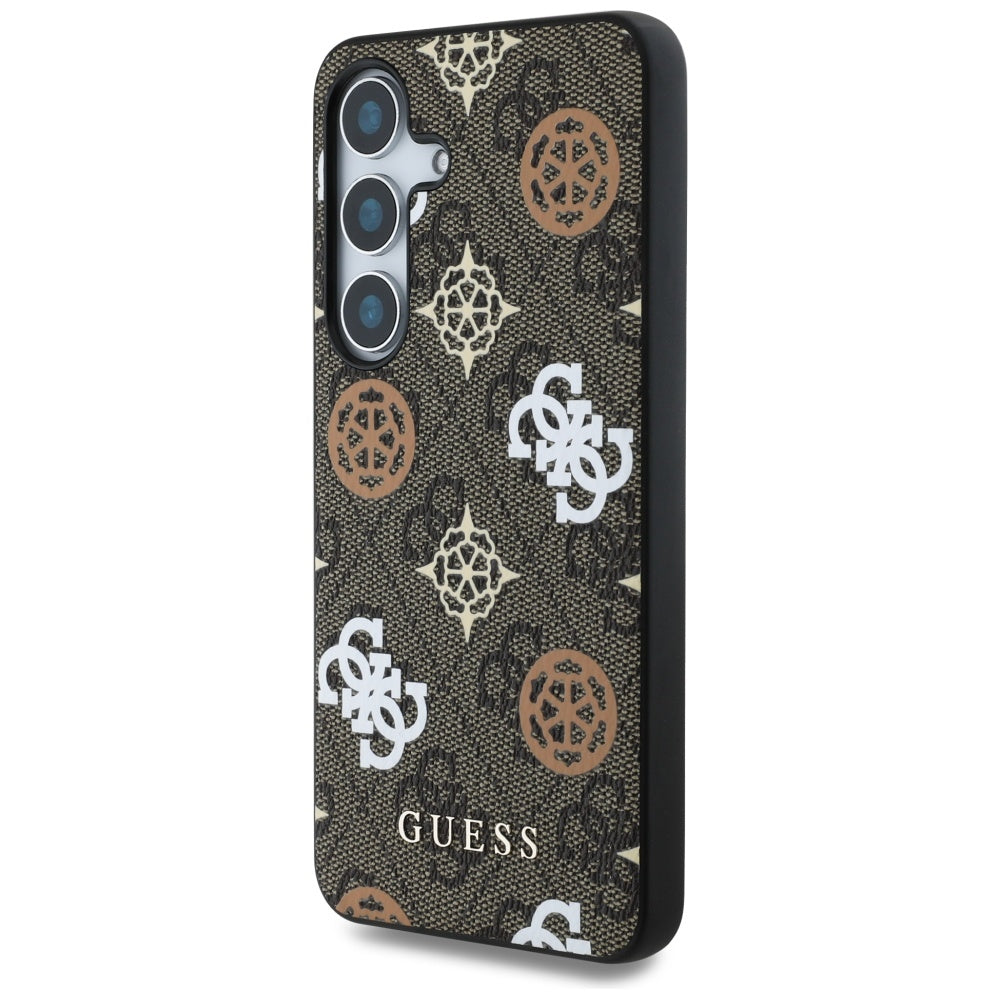 Guess Samsung Galaxy S25 - 4G Printed Colored Peony Pattern - MagSafe Θήκη με Επένδυση Συνθετικού Δέρματος - Brown - GUHMS25SP4PWPW