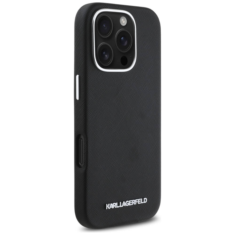 Karl Lagerfeld iPhone 16 Pro - Saffiano Full Wrapped Elongated Metal Logo - MagSafe Σκληρή Θήκη με Επένδυση Συνθετικού Δέρματος και Πλαίσιο Σιλικόνης - Black - KLHMP16LPSAFWMCK