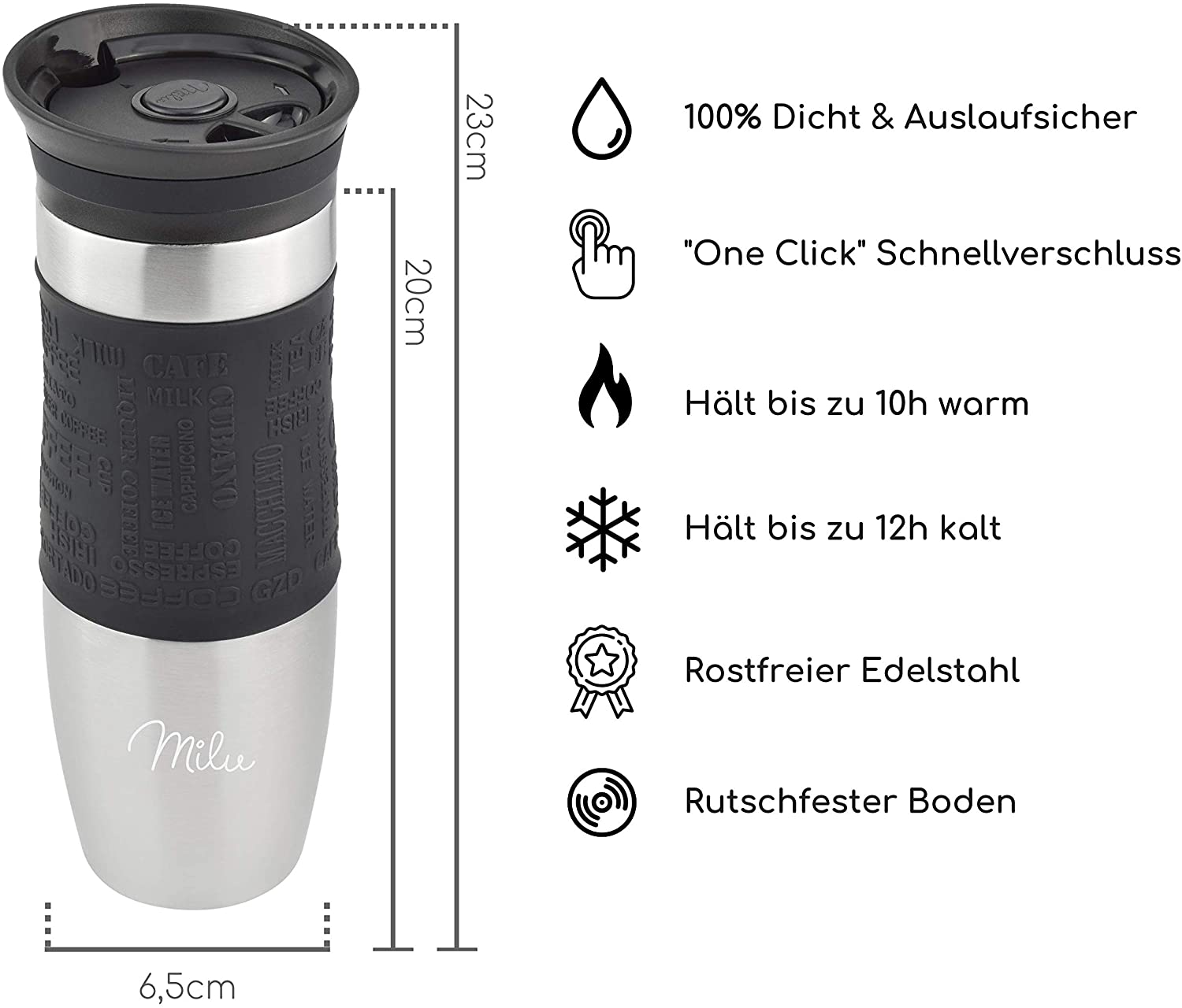 Milu T1 Κούπα Θερμός Από Ανοξείδωτο Ατσάλι - 100% Στεγανή - 450 ml - Black - 6604