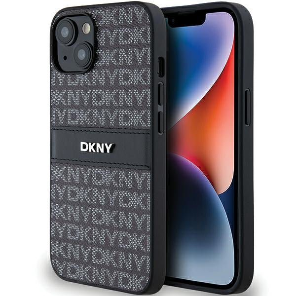 DKNY iPhone 15 / 14 / 13 - Σκληρή Θήκη με Επένδυση Συνθετικού Δέρματος - Leather Mono Stripe and Metal Logo - Black