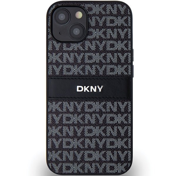 DKNY iPhone 15 / 14 / 13 - Σκληρή Θήκη με Επένδυση Συνθετικού Δέρματος - Leather Mono Stripe and Metal Logo - Black