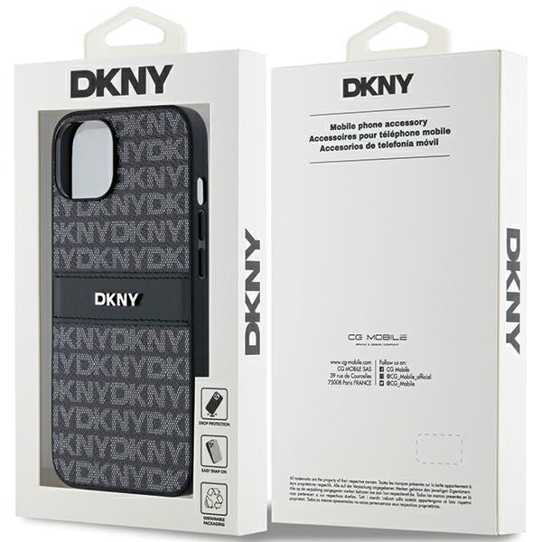 DKNY iPhone 15 / 14 / 13 - Σκληρή Θήκη με Επένδυση Συνθετικού Δέρματος - Leather Mono Stripe and Metal Logo - Black