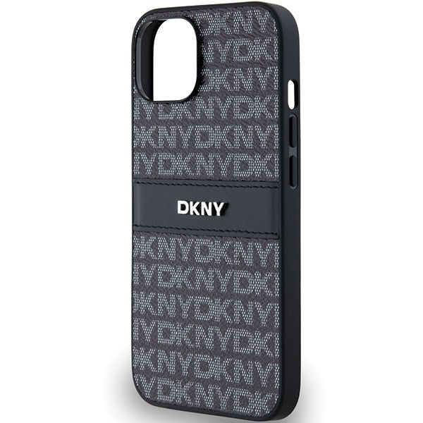 DKNY iPhone 15 / 14 / 13 - Σκληρή Θήκη με Επένδυση Συνθετικού Δέρματος - Leather Mono Stripe and Metal Logo - Black