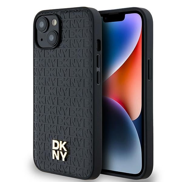 DKNY iPhone 15 / 14 / 13 - Σκληρή Θήκη με Επένδυση Συνθετικού Δέρματος - Leather Monogram Pattern Metal Logo MagSafe - Black