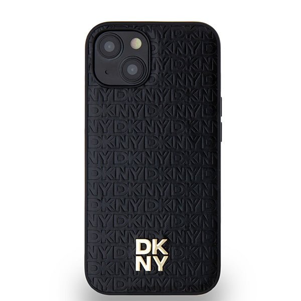 DKNY iPhone 15 / 14 / 13 - Σκληρή Θήκη με Επένδυση Συνθετικού Δέρματος - Leather Monogram Pattern Metal Logo MagSafe - Black