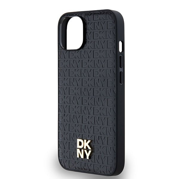 DKNY iPhone 15 / 14 / 13 - Σκληρή Θήκη με Επένδυση Συνθετικού Δέρματος - Leather Monogram Pattern Metal Logo MagSafe - Black