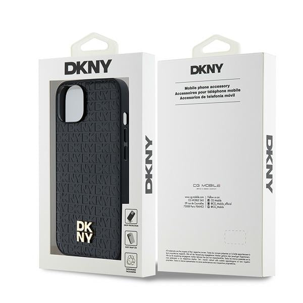 DKNY iPhone 15 / 14 / 13 - Σκληρή Θήκη με Επένδυση Συνθετικού Δέρματος - Leather Monogram Pattern Metal Logo MagSafe - Black
