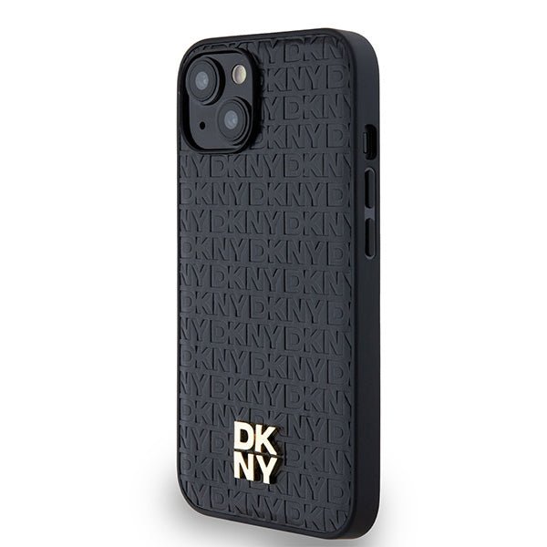DKNY iPhone 15 / 14 / 13 - Σκληρή Θήκη με Επένδυση Συνθετικού Δέρματος - Leather Monogram Pattern Metal Logo MagSafe - Black