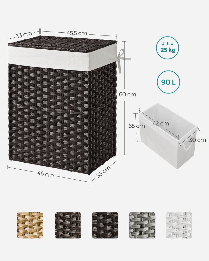 Songmics Χειροποίητο Καλάθι Απλύτων από Συνθετικό Rattan με Καπάκι - 90 L - Black - LCB51BK