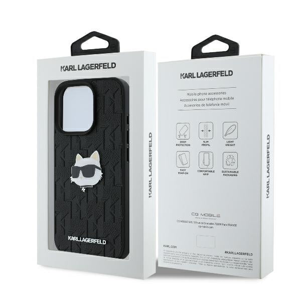 Karl Lagerfeld iPhone 16 Pro - Monogram Choupette Head Pin Σκληρή Θήκη με Επένδυση Συνθετικού Δέρματος - Black - KLHCP16LPGKLCHPK