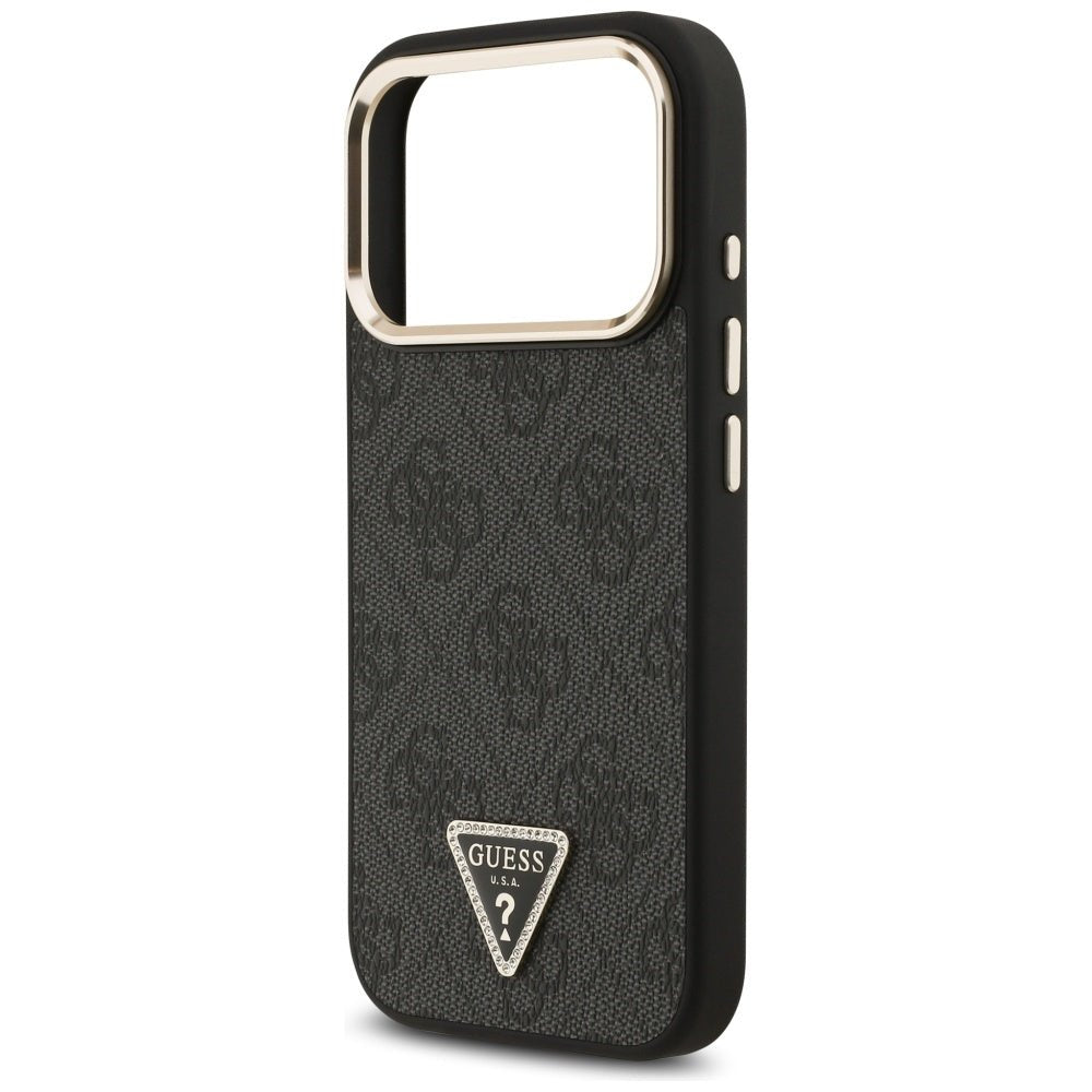 Guess iPhone 17 Pro - 4G Triangle Strass Logo MagSafe - Σκληρή Θήκη με Επένδυση Συνθετικού Δέρματος - Black / Gold - GUHMP17LP4GTDGMK