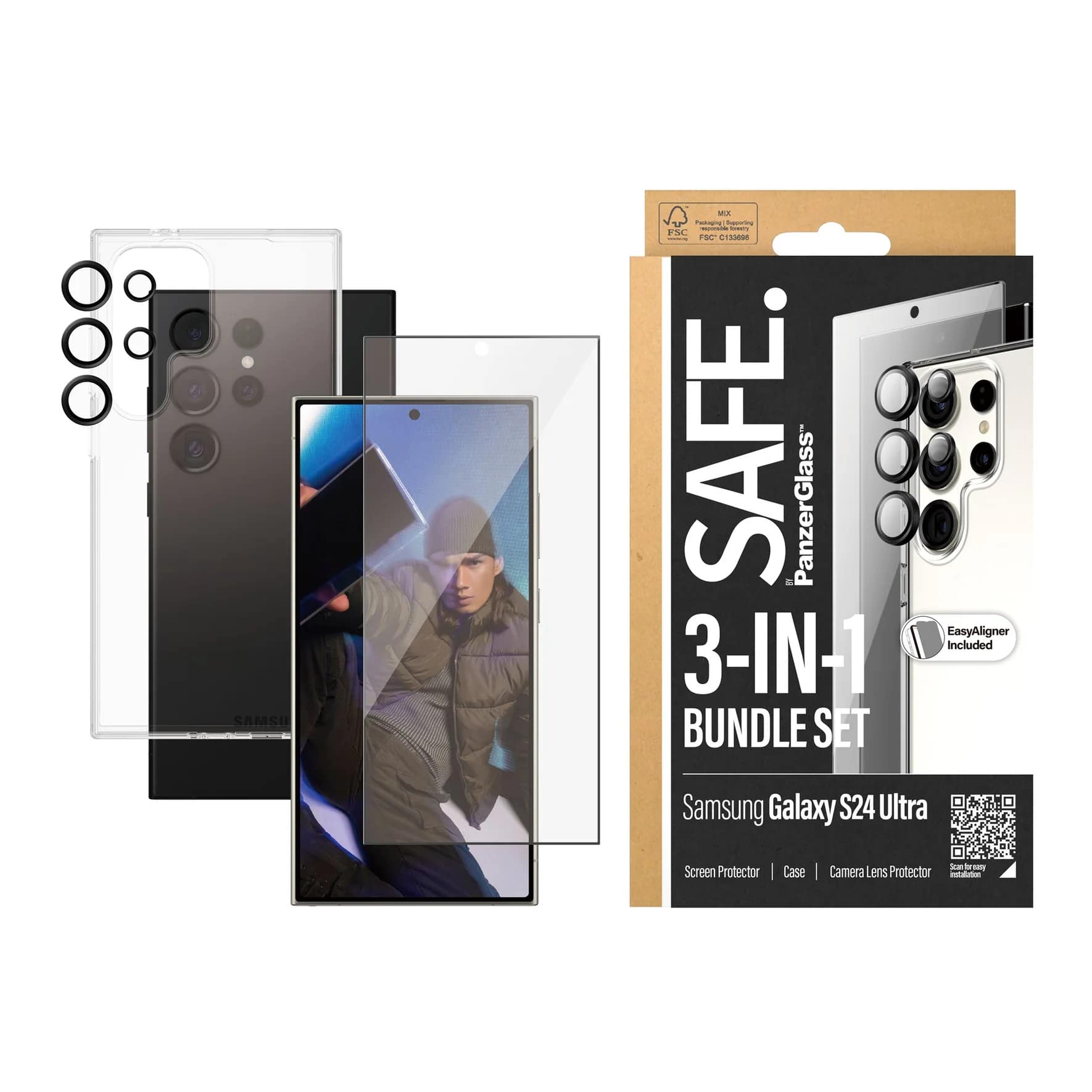 Safe by PanzerGlass Samsung Galaxy S24 Ultra - 3-in-1 Bundle Set - Σετ με 1 Αντιχαρακτικό Γυαλί Οθόνης, 1 Αντιχαρακτικό Γυαλί για την Κάμερα και 1 Θήκη Σιλικόνης - Clear