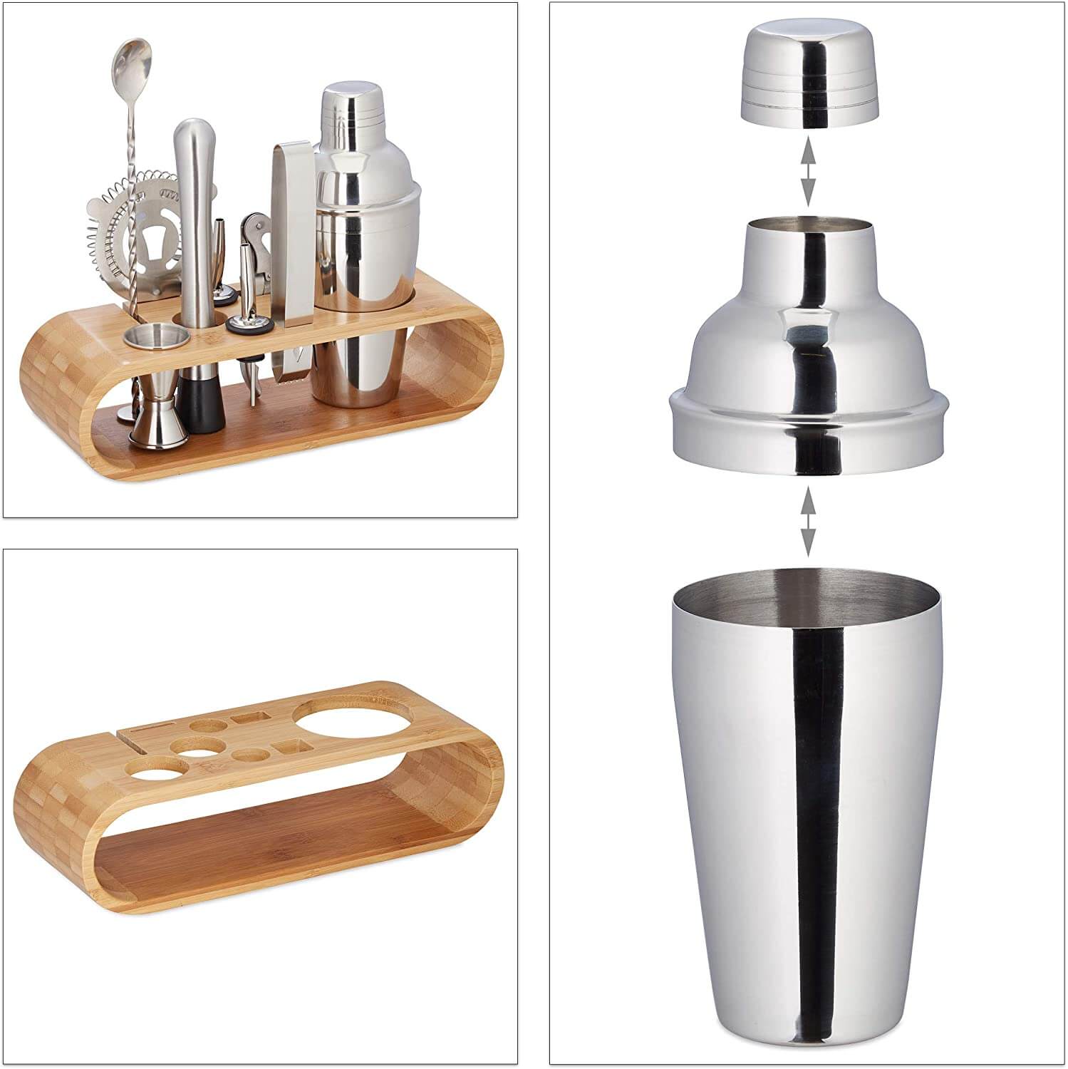 Relaxdays Σετ Κοκτέιλ 9 Τεμαχίων από Ανοξείδωτο Ατσάλι με Βάση από Μπαμπού - Silver / Natural - 4052025259488