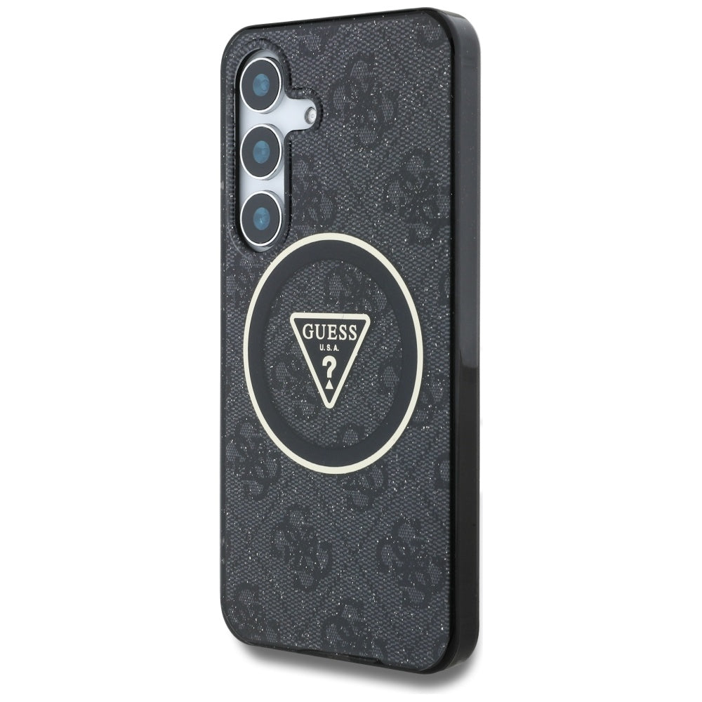 Guess Samsung Galaxy S25 - 4G Glitter Triangle Buttons - MagSafe Σκληρή Θήκη με Πλαίσιο Σιλικόνης - Black - GUHMS25SHG4PRTGK
