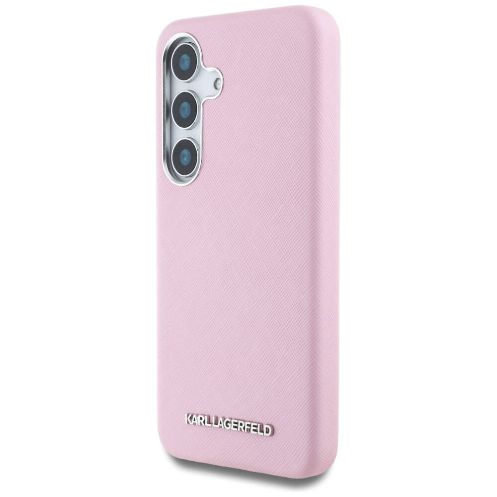 Karl Lagerfeld Samsung Galaxy S25 Plus - Saffiano Full Wrapped Elongated Metal Logo - MagSafe Σκληρή Θήκη με Επένδυση Συνθετικού Δέρματος και Πλαίσιο Σιλικόνης - Pink - KLHMS25MPSAFWMCP
