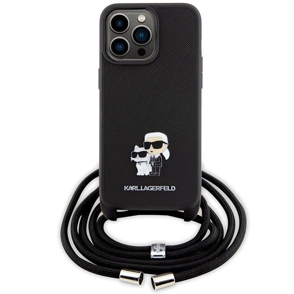 Karl Lagerfeld iPhone 15 Pro Max - Crossbody Saffiano Metal Pin Karl Choupette Σκληρή Θήκη με Επένδυση Συνθετικού Δέρματος και Λουράκι - Black - KLHCP15XSAKCPSK