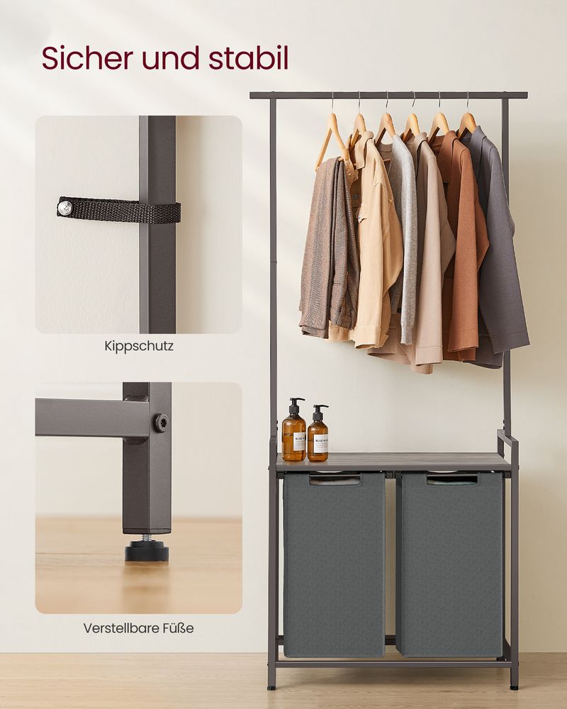 Vasagle Καλάθι Απλύτων 2 Διαμερισμάτων με Ράφι και Ράγα Ρούχων - 73 x 33 x 177 cm - Greige Mottled / Slate Grey - BLH241G01